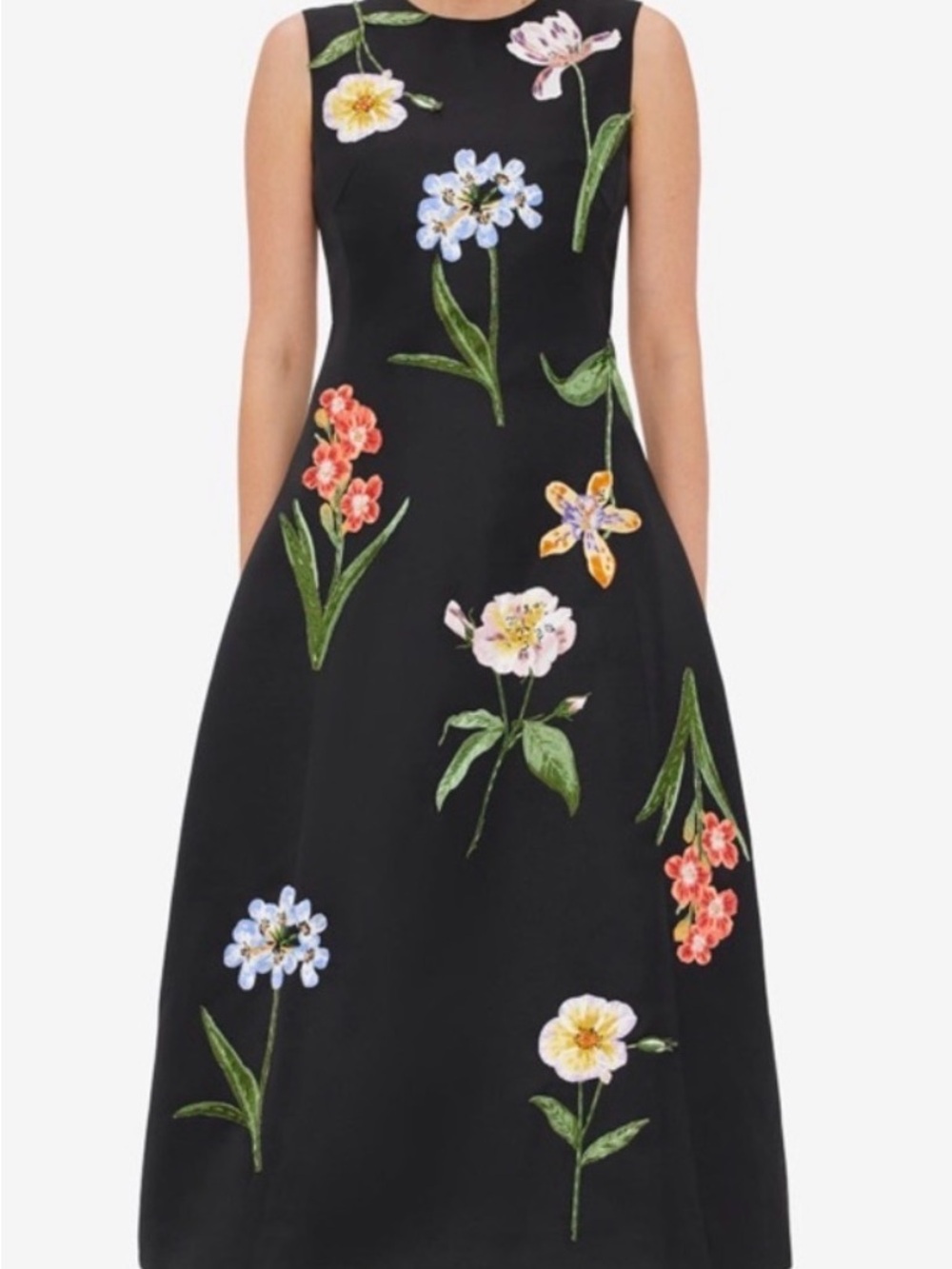 Black Floral A-Line Dress - Elegant Floral Print - Picture 2 of 8